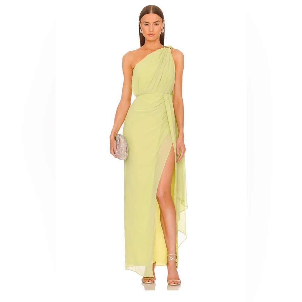Wedding guest dress. X REVOLVE ROBERT GOWN IN CITRON GREEN